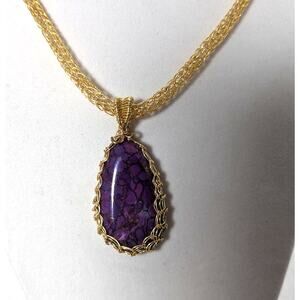Purple copper stone pendant Wire wrapped Viking knit Hook clasp chain +earrings